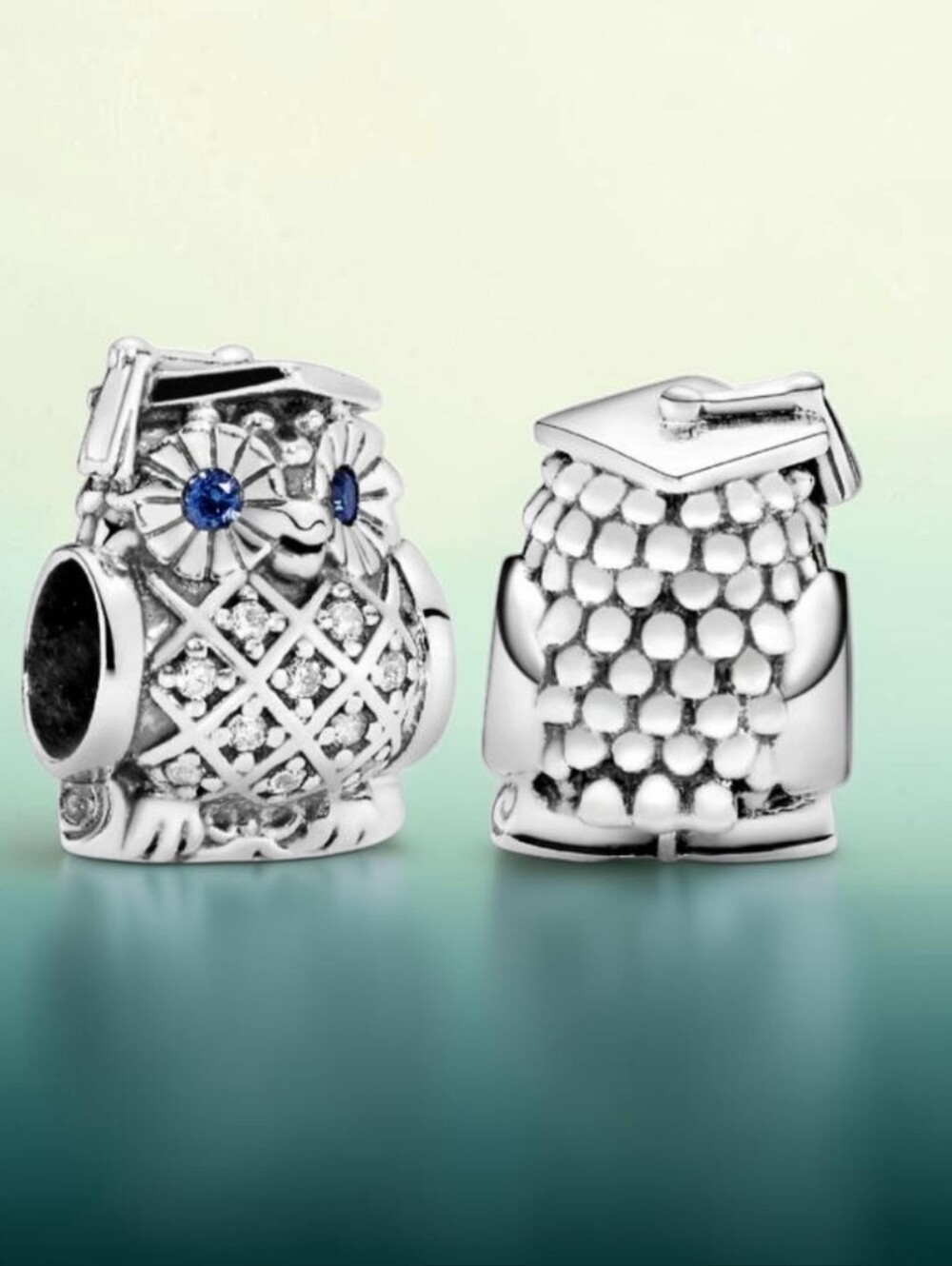 PANDORA Sterling Silver Graduation Owl Charm With Swiss Blue Crystals & CZ